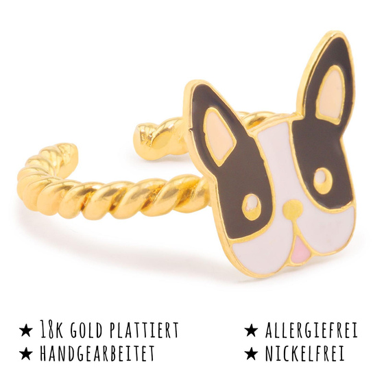 Das Bild mit Beschreibung zeigt ein Damen Ring mit Bulldogge Hund aus Messing Gold plattiert mit Emaille handbemalt