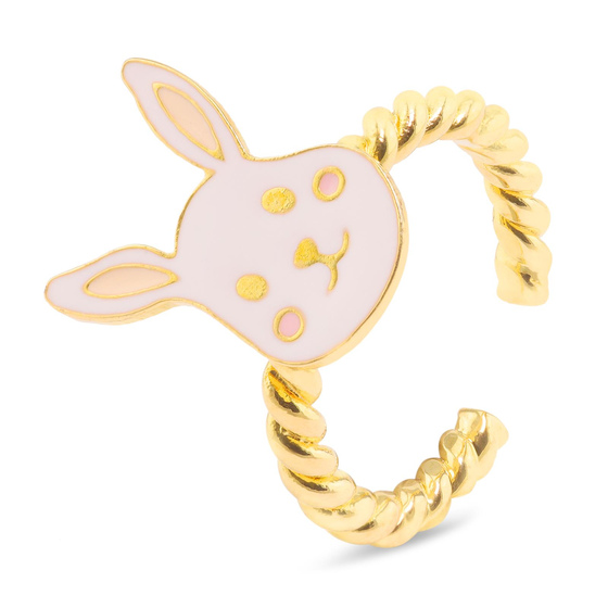 Auf dem Bild zu sehen ist ein Damen Ring mit Hase aus Messing Gold plattiert mit Emaille handbemalt