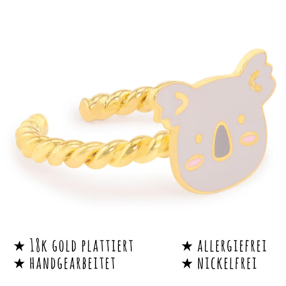 Das Bild mit Beschreibung zeigt ein Damen Ring mit Koalabr aus Messing Gold plattiert mit Emaille handbemalt