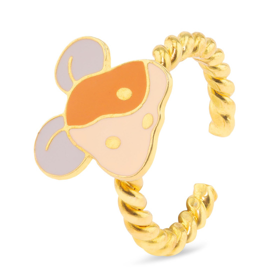 Auf dem Bild zu sehen ist ein Damen Ring mit Maus aus Messing Gold plattiert mit Emaille handbemalt