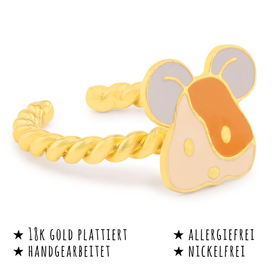 Das Bild mit Beschreibung zeigt ein Damen Ring mit Maus aus Messing Gold plattiert mit Emaille handbemalt