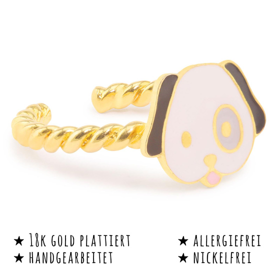 Das Bild mit Beschreibung zeigt ein Damen Ring mit Hund aus Messing Gold plattiert mit Emaille handbemalt