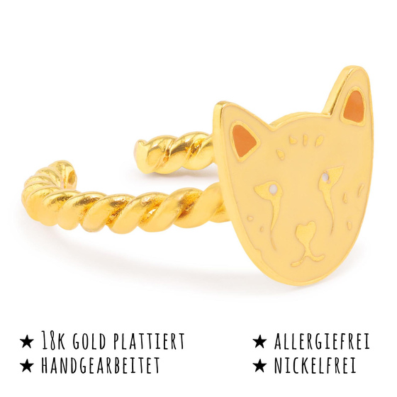 Das Bild mit Beschreibung zeigt ein Damen Ring mit Tiger aus Messing Gold plattiert mit Emaille handbemalt