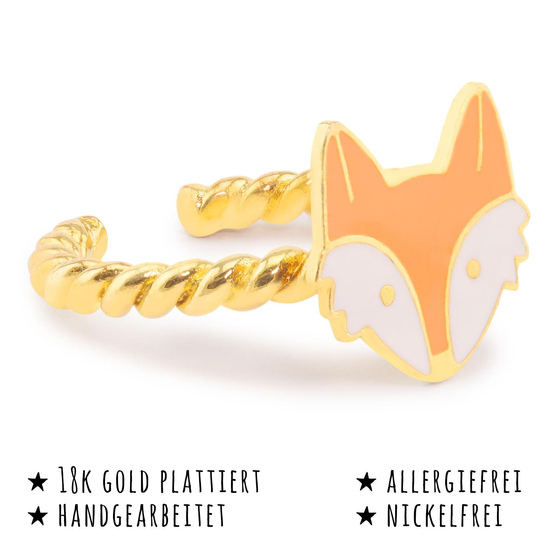 Das Bild mit Beschreibung zeigt ein Damen Ring mit Fuchs aus Messing Gold plattiert mit Emaille handbemalt