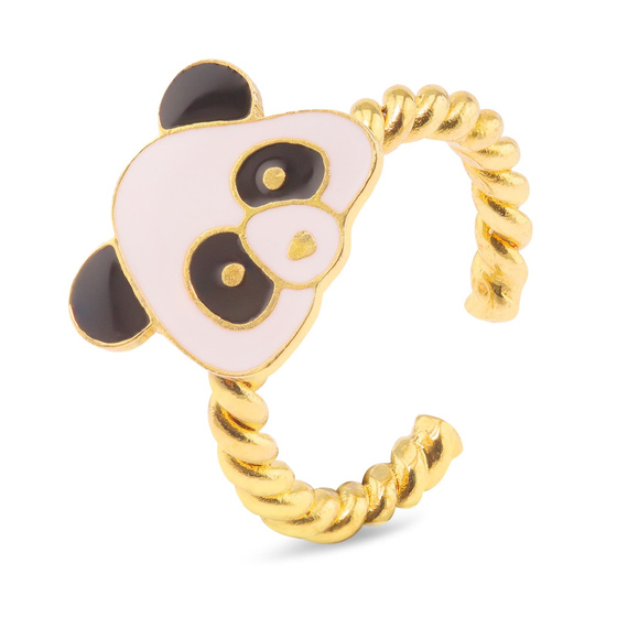 Auf dem Bild zu sehen ist ein Damen Ring mit Pandabr aus Messing Gold plattiert mit Emaille handbemalt