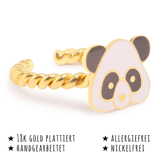 Das Bild mit Beschreibung zeigt ein Damen Ring mit Pandabr aus Messing Gold plattiert mit Emaille handbemalt