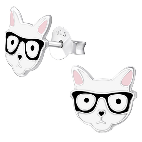 Auf dem Bild zu sehen sind Kinder Ohrringe Katze Ohrstecker aus 925 Sterling Silver echt Silber mit Brille