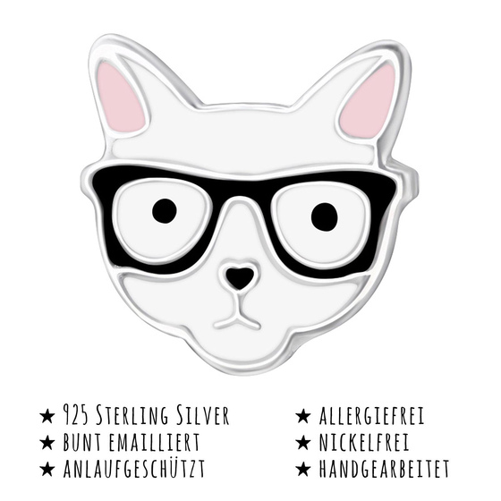 Das Bild mit Beschreibung zeigt Kinder Ohrringe Katze Ohrstecker aus 925 Sterling Silver echt Silber mit Brille