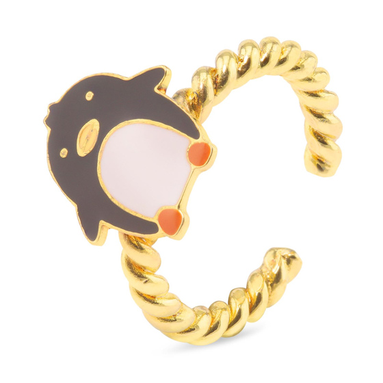 Auf dem Bild zu sehen ist ein Damen Ring mit Pinguin aus Messing Gold plattiert mit Emaille handbemalt