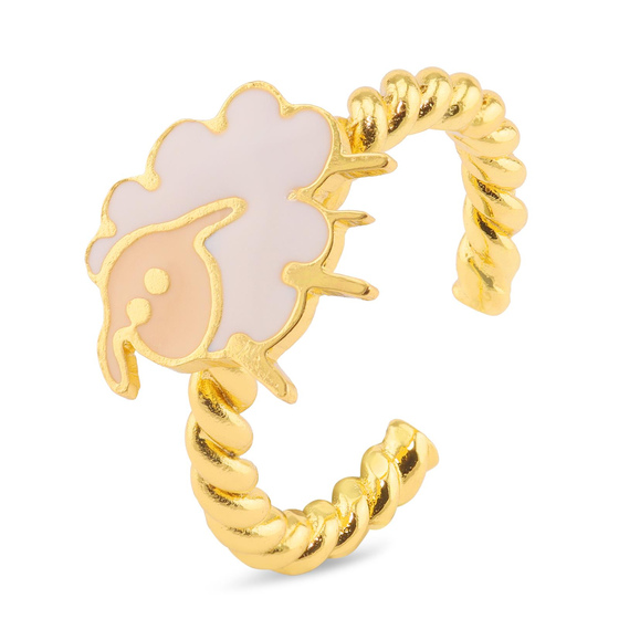 Auf dem Bild zu sehen ist ein Damen Ring mit Schaf aus Messing Gold plattiert mit Emaille handbemalt