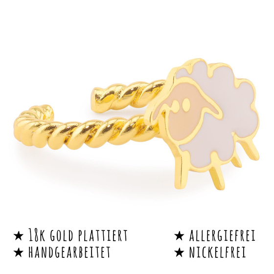 Das Bild mit Beschreibung zeigt ein Damen Ring mit Schaf aus Messing Gold plattiert mit Emaille handbemalt