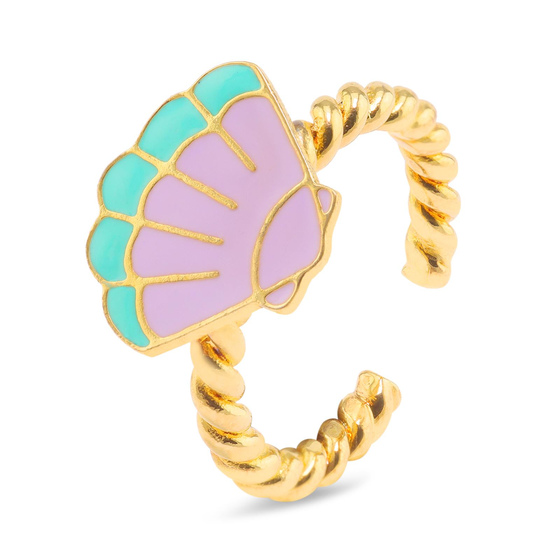 Auf dem Bild zu sehen ist ein Damen Ring mit Muschel aus Messing Gold plattiert mit Emaille handbemalt