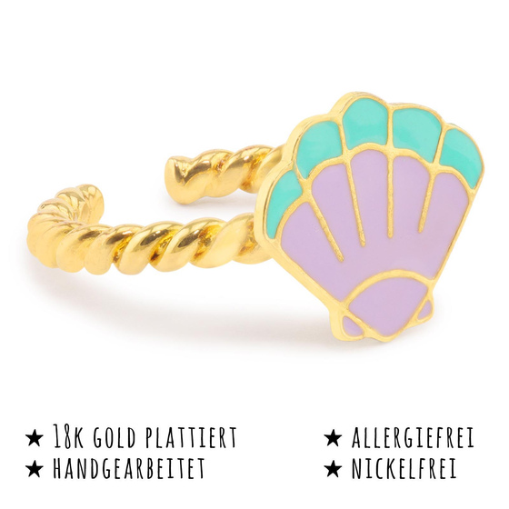 Das Bild mit Beschreibung zeigt ein Damen Ring mit Muschel aus Messing Gold plattiert mit Emaille handbemalt