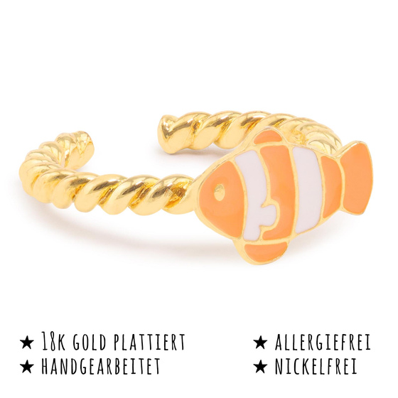 Das Bild mit Beschreibung zeigt ein Damen Ring mit Clown Fisch aus Messing Gold plattiert mit Emaille handbemalt