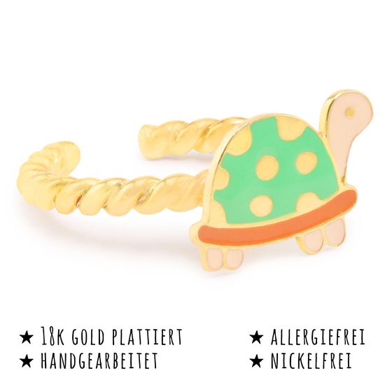 Das Bild mit Beschreibung zeigt ein Damen Ring mit Schildkrte aus Messing Gold plattiert mit Emaille handbemalt