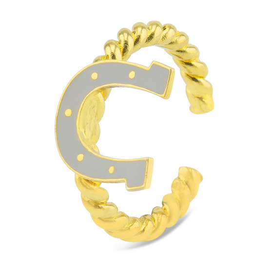 Auf dem Bild zu sehen ist ein Damen Ring mit Hufeisen Glcksbringer aus Messing Gold plattiert mit Emaille handbemalt