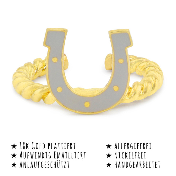 Das Bild mit Beschreibung zeigt ein Damen Ring mit Hufeisen Glcksbringer aus Messing Gold plattiert mit Emaille handbemalt