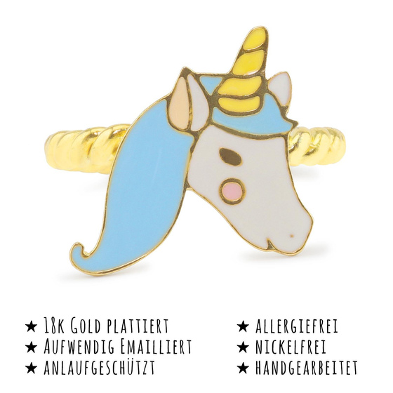 Das Bild mit Beschreibung zeigt ein Damen Ring mit Einhorn aus Messing 18k Gold plattiert mit Emaille handbemalt