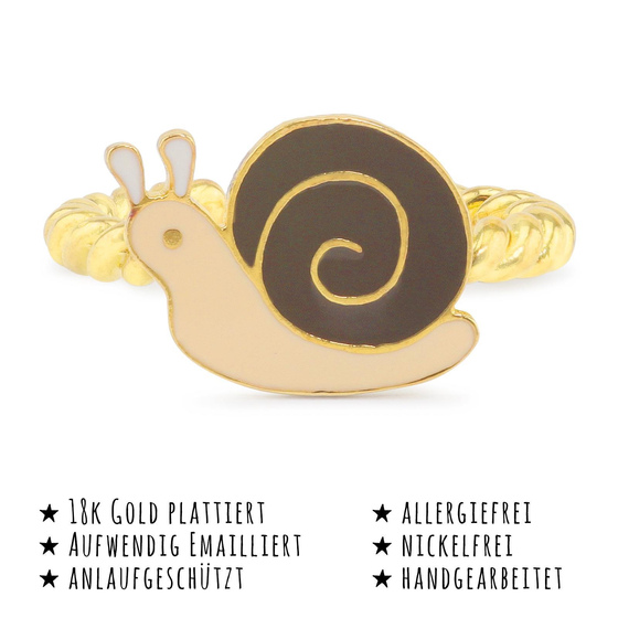 Das Bild mit Beschreibung zeigt ein Damen Ring mit Schnecke aus Messing Gold plattiert mit Emaille handbemalt