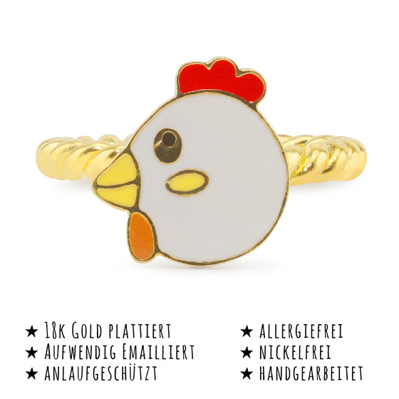 Das Bild mit Beschreibung zeigt ein Damen Ring mit Huhn aus Messing Gold plattiert mit Emaille handbemalt