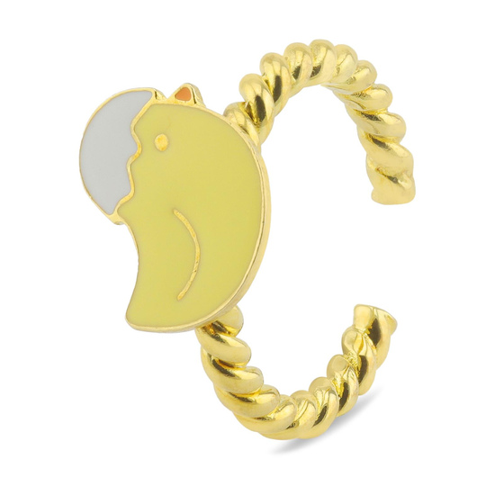Auf dem Bild zu sehen ist ein Damen Ring mit Huhn aus Messing Gold plattiert mit Emaille handbemalt