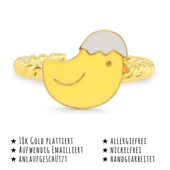 Das Bild mit Beschreibung zeigt ein Damen Ring mit Huhn aus Messing Gold plattiert mit Emaille handbemalt