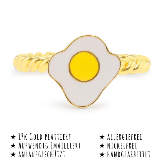 Das Bild mit Beschreibung zeigt ein Damen Ring mit Ei Spiegelei aus Messing Gold plattiert mit Emaille handbemalt