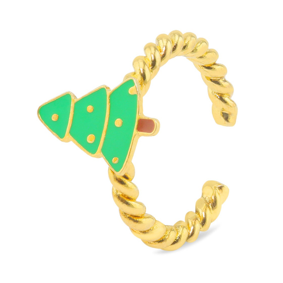 Auf dem Bild zu sehen ist ein Damen Ring mit Weihnachtsbaum aus Messing Gold plattiert mit Emaille handbemalt