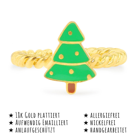 Das Bild mit Beschreibung zeigt ein Damen Ring mit Weihnachtsbaum aus Messing Gold plattiert mit Emaille handbemalt