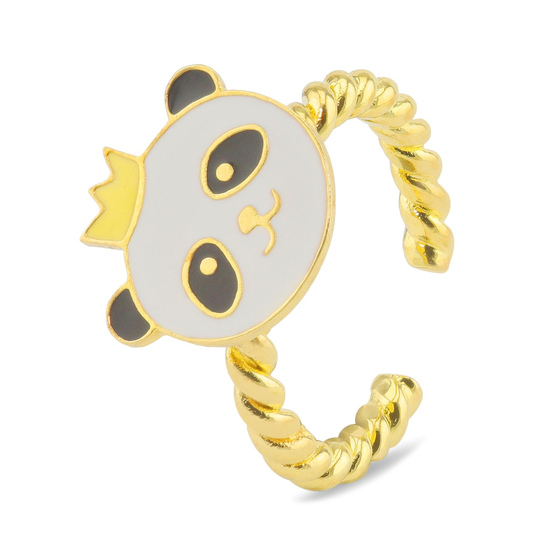Auf dem Bild zu sehen ist ein Damen Ring mit Pandabr aus Messing Gold plattiert mit Emaille handbemalt