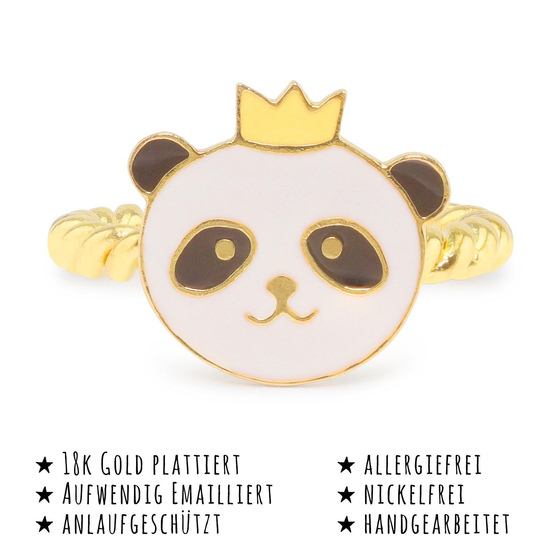 Das Bild mit Beschreibung zeigt ein Damen Ring mit Pandabr aus Messing Gold plattiert mit Emaille handbemalt