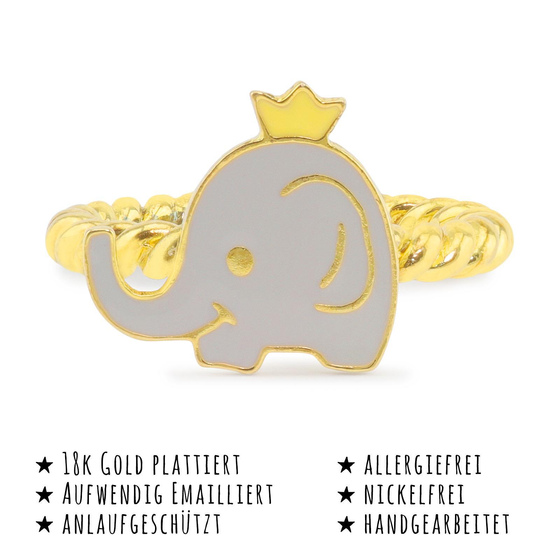 Das Bild mit Beschreibung zeigt ein Damen Ring mit Elefant Krone aus Messing Gold plattiert mit Emaille handbemalt