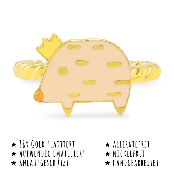 Das Bild mit Beschreibung zeigt ein Damen Ring mit Schwein Krone aus Messing Gold plattiert mit Emaille handbemalt