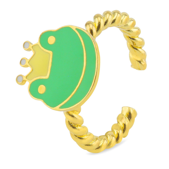 Auf dem Bild zu sehen ist ein Damen Ring mit Froschknig Krone aus Messing Gold plattiert mit Emaille handbemalt