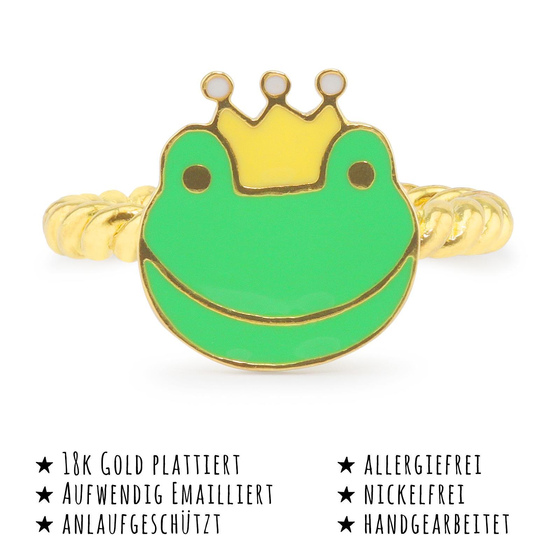 Das Bild mit Beschreibung zeigt ein Damen Ring mit Froschknig Krone aus Messing Gold plattiert mit Emaille handbemalt