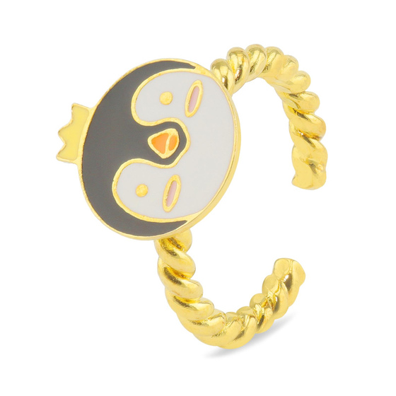 Auf dem Bild zu sehen ist ein Damen Ring mit Pinguin Krone aus Messing Gold plattiert mit Emaille handbemalt