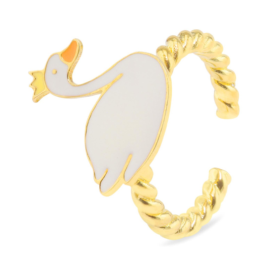 Auf dem Bild zu sehen ist ein Damen Ring mit Schwan aus Messing Gold plattiert mit Emaille handbemalt