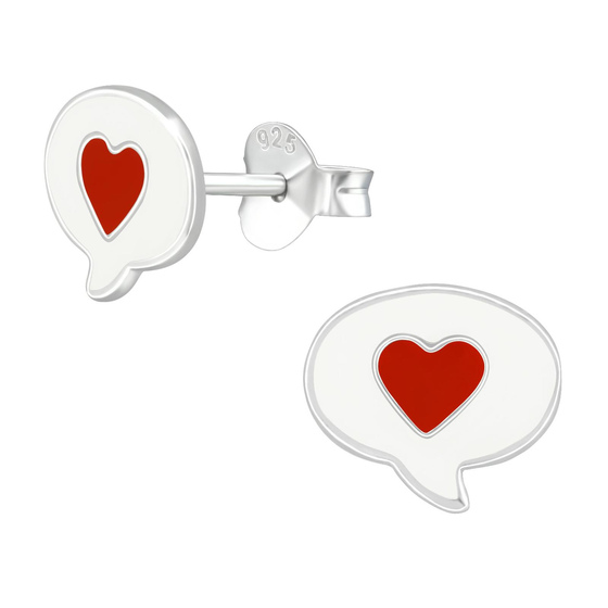 Auf dem Bild zu sehen sind Kinder Ohrringe Herz Sprechblase Ohrstecker aus 925 Sterling Silver echt Silber