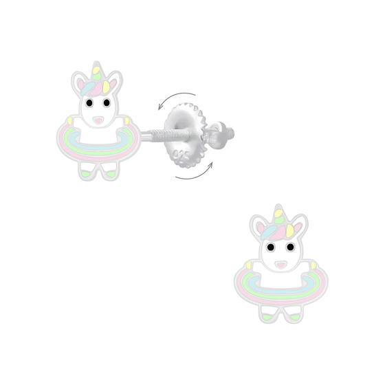 Einhorn Hula Hoop Kinder Ohrringe Schraubverschluss 925 Silber