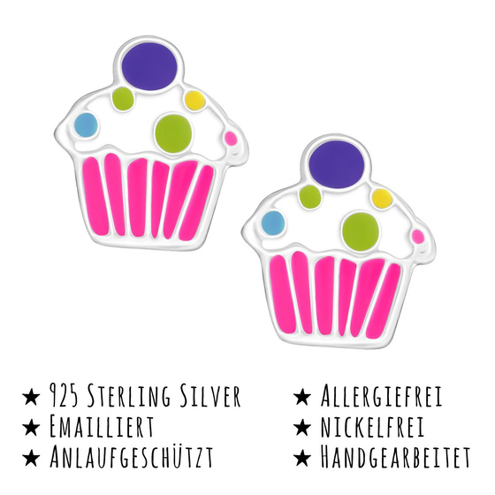 Das Bild mit Beschreibung zeigt Kinder Ohrringe Cupcake Kuchen Ohrstecker aus 925 Sterling Silver echt Silber