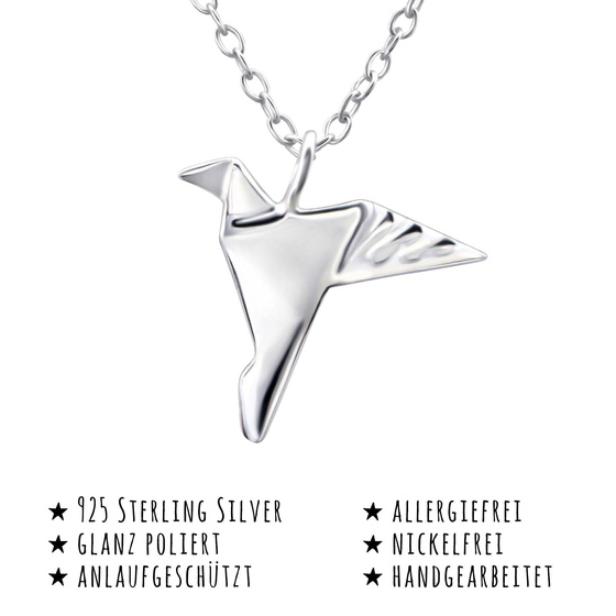 Das Bild mit Beschreibung zeigt eine Damen Kette mit Vogel Anhnger aus 925 Sterling Silver echt Silber mit 45cm lnge
