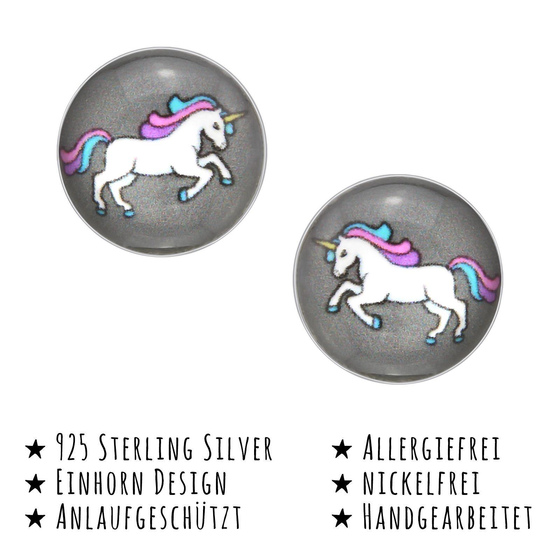 Das Bild mit Beschreibung zeigt Kinder Ohrringe Einhorn Ohrstecker aus 925 Sterling Silver echt Silber