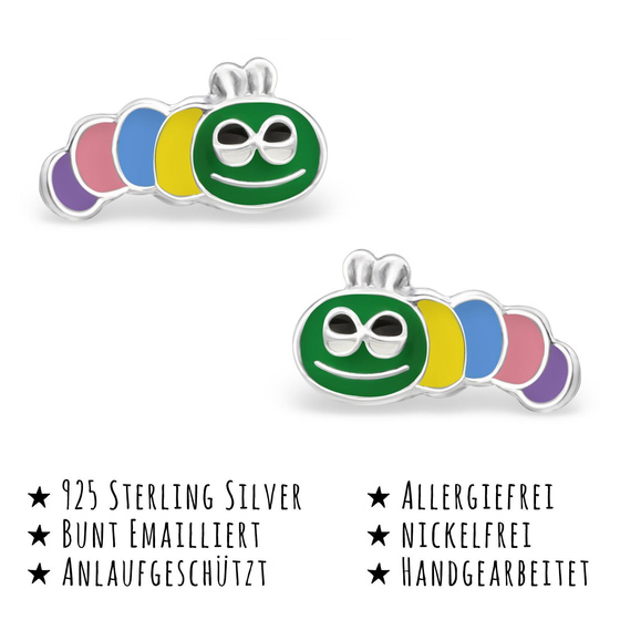 Das Bild mit Beschreibung zeigt Kinder Ohrringe Wurm Raupe Ohrstecker aus 925 Sterling Silver echt Silber