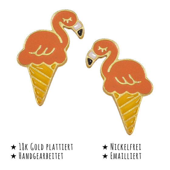 Das Bild mit Beschreibung zeigt Kinder Ohrringe Flamingo Ohrstecker aus Messing 18k Gold plattiert