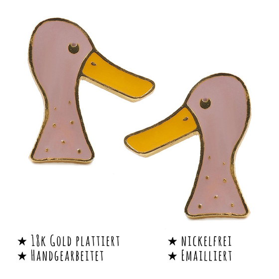 Das Bild mit Beschreibung zeigt Kinder Ohrringe Enten Ohrstecker aus Messing 18k Gold plattiert