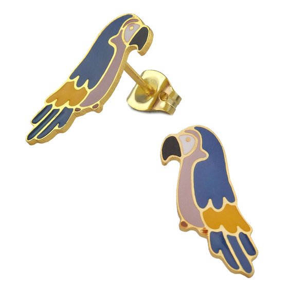 Auf dem Bild zu sehen sind Kinder Ohrringe Ara Papagei Ohrstecker aus Messing 18k Gold plattiert