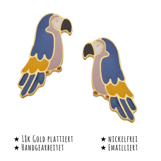Das Bild mit Beschreibung zeigt Kinder Ohrringe Ara Papagei Ohrstecker aus Messing 18k Gold plattiert