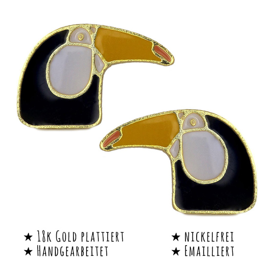 Das Bild mit Beschreibung zeigt Kinder Ohrringe Hornbill Kopf Ohrstecker aus Messing 18k Gold plattiert