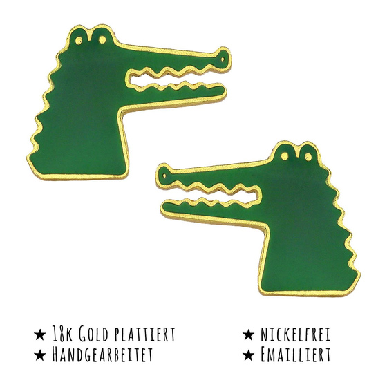 Das Bild mit Beschreibung zeigt Kinder Ohrringe Krokodil Ohrstecker aus Messing 18k Gold plattiert