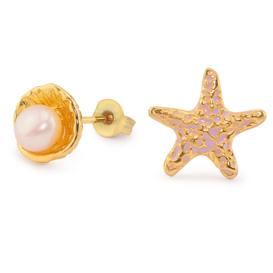 Das Bild mit Beschreibung zeigt Damen Ohrringe Muschel Seestern Ohrstecker aus Messing Gold plattiert handbemalt mit Perle